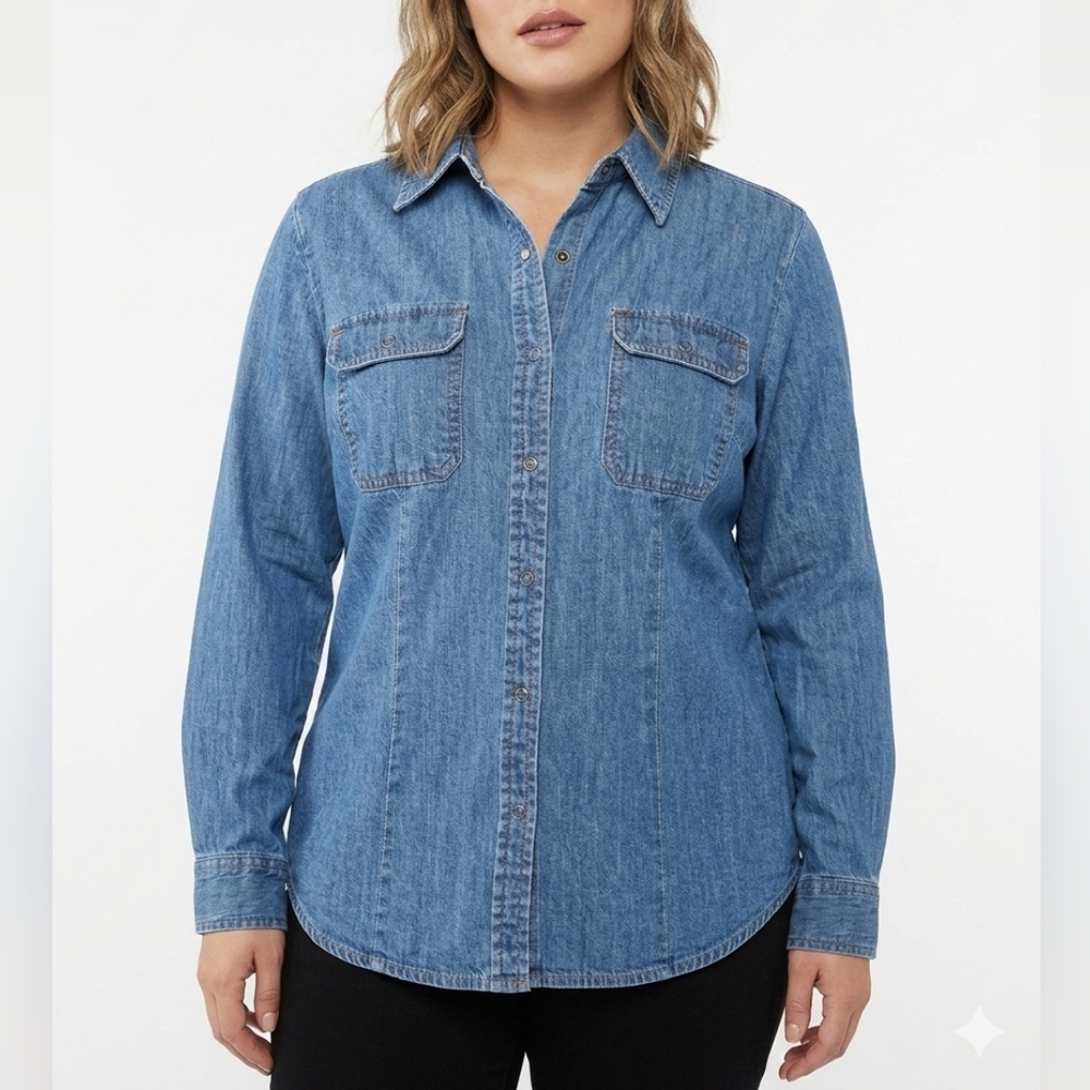 Vintage Faded Glory Denim Shirt Ladies Small 4/6 Blue Cotton Western Pearl Snap​